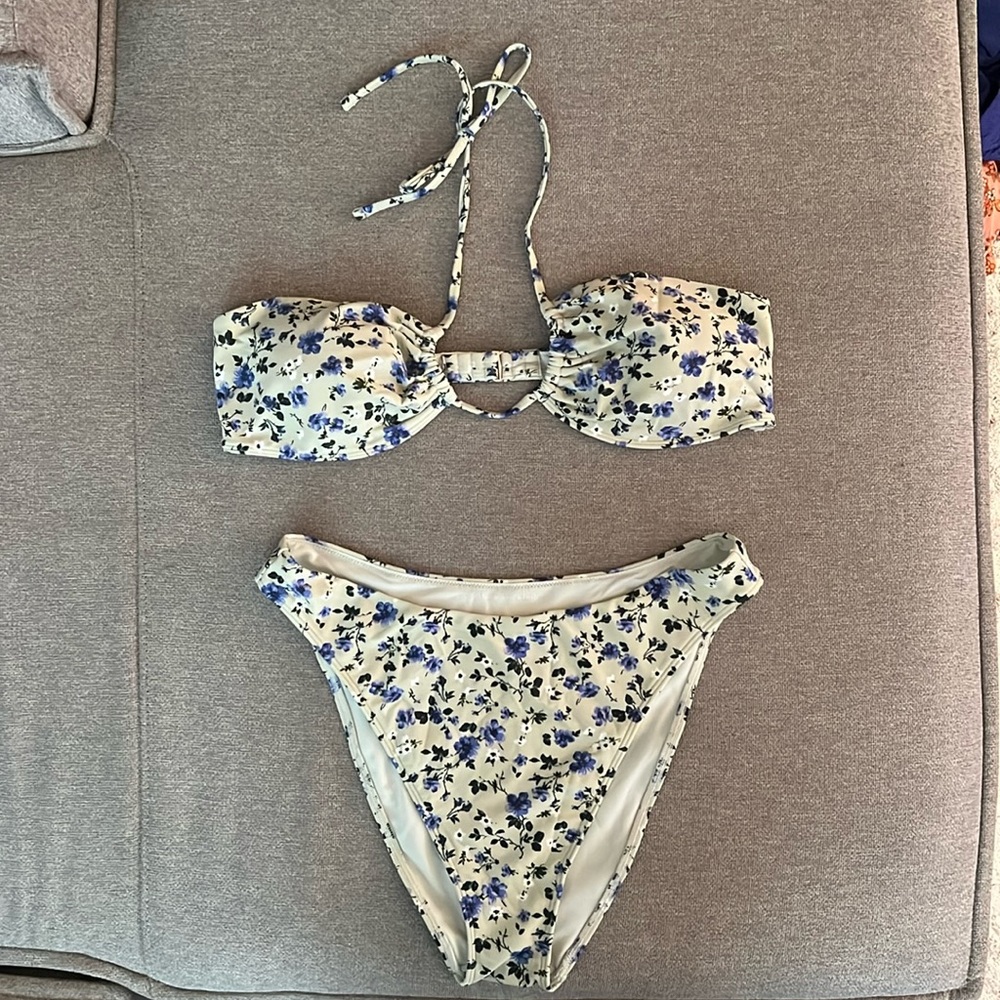 Abercrombie & Fitch Cream Floral Bikini with Blue Accents
